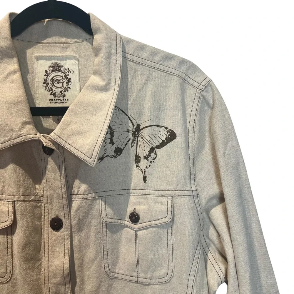 Graffwear Butterfly Graphic Safari Style Jacket Beige Linen Blend Button Up Sz L